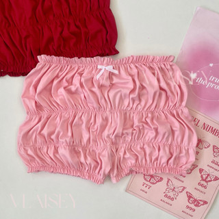 Vlaisey • Bloomy Poppy Ribbon Ruched Coquette Cute Plain Short for Women