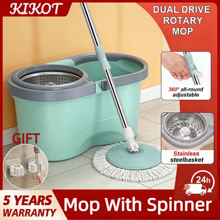 KIKOT Mop With Spinner And Stainless Steel Basket rod 360° Tornado Dual Drive map Floor Cleaning Wet