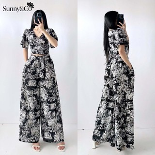 Sunny&Co Crepe Print Short Sleeves Top Terno Whit Wide Leg Pants Set