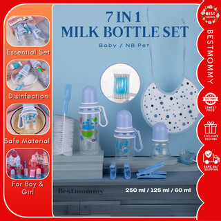 BESTMOMMY 7in1 Feeding Bottle Set 250ml/125ml/60ml Bundle Baby Essential Combo Bib Cutips Pacifier