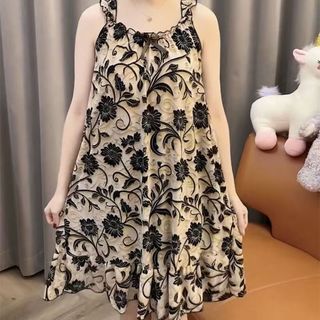 Loose Sleeveless Dress Ice Silk Nightgown with Square Neck Floral Print A-line Dress L2355