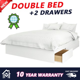 ISTER Wooden Double Bed Frame - Full White Bedframe Comes with 2 drawers set 48X75 inch