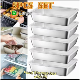 5Pcs Set Large SUS304 Stainless Steel TraysWith Sealed Lid Japanese Food Storage Box