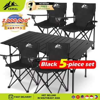 【CEMAL 】【Black 5-piece set】 (4 CHAIRS, 1 TABLE )Camping Outdoor Table and Chair with Armrest  BBQ