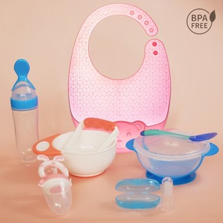 Silicone Baby Feeding Essential Feeder Bowl Spoon Pacifier Silicone bib Toothbrush Combo set