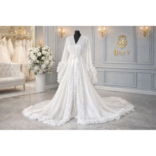 Luxury Bridal Robe Long Train White | Wedding Prenup Photoshoot Gown |Bride tulle/satin Robe Elegant