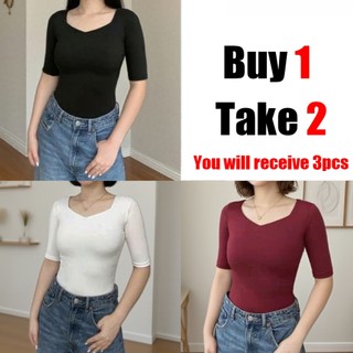 Buy 1 take2(Total of 3) RUE Top Sweetheart Neck 3/4 Sleeves Slim-Fitting Premium 2-Way Double Lining