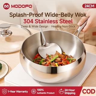 MODOFO 304 Stainless Steel Frying Pan Non Stick Wok Cookware Set Induction Pan with Cover 24CM