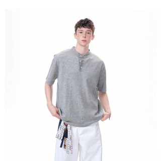 American style Henley collar short-sleeved T-shirt for men, summer gray stand collar short-sleeved l