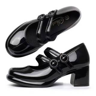 SHUTA  High-Heels Glossy Black Shoes 2-inch Double-slip School shoes Fashion Non-slip Office Shoes