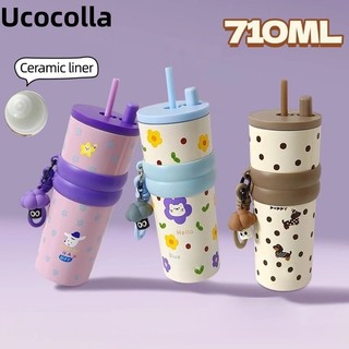 【Ucocolla】 710ml 26oz Ceramic Liner Stainless Steel Coffee Mug with Straw Vacuum Flask Tumbler