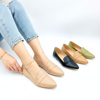 R&A653 Flat Plain Vegan Leather Pointed Toe Doll Shoes with Vamp Strap for Women (Standard Fit)