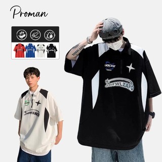 Fashion American Style Half zipper Print Polo Shirt For Men Oversized Short Sleeve Black/White