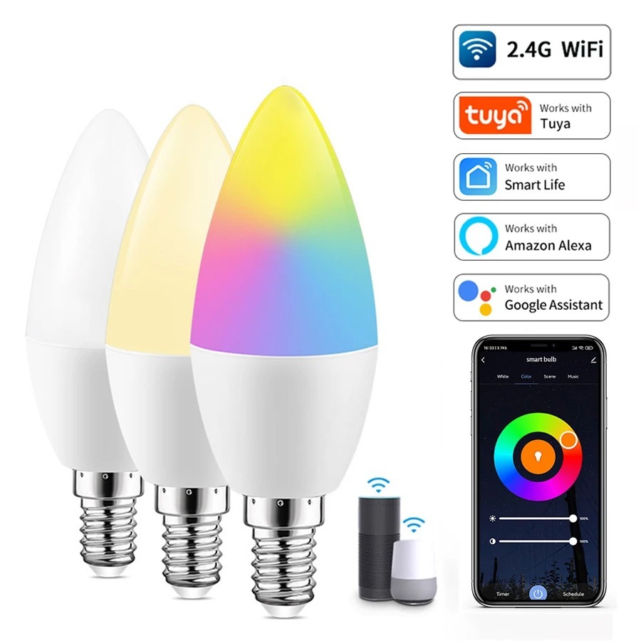 Tuya สมาร์ท WiFi หลอดไฟ LED E14 เทียน 6W หรี่แสงได้ RGBW โคมไฟควบคุมเสียง Alexa Google Home