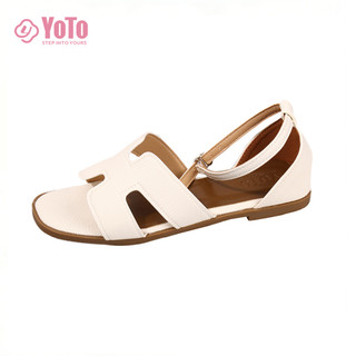 YOTO Korean Style H-Strap Sandals For Women Leather Ankle Strap Buckle Casual Comfy Flats