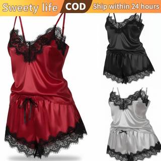 ⚡COD⚡ Women Sexy IceSilk&Satin Lace Cami Sleeveless Pajama Set Sleepwear/Lingerie/Nightdress