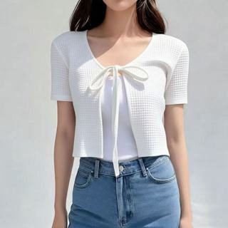 Buy 1 Take 1--Angelcity Cardigan For Women Short Sleeve Waffle Tela Semi Crop Top Korean Fashion