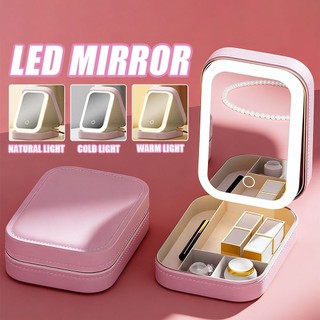Portable Makeup Mirror LED Fill Light Cosmetic Mirror With Jewelry Box Travel Makeup  Pocket Mirror