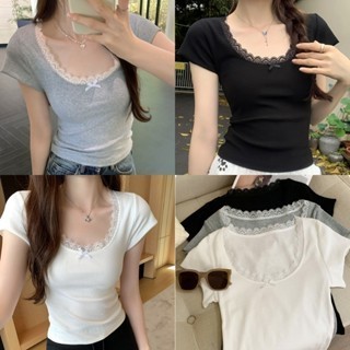 Hotgirl Square Neck Lace Bow Plain T-shirt Basic Versatile Slim Fit Short Sleeve Women's Top