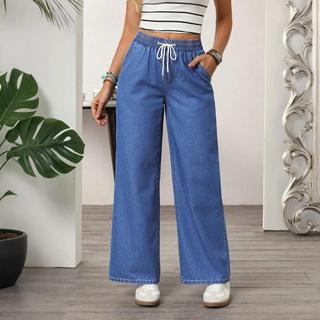 Elastic Waist Wide Leg Jeans For Women Fashion Drawstring Denim Pants Korean Style Baggy Jeans