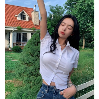 Eros Women's Slim Fit Korean Fashion Top Solid Color College Style Shirt, Casual Short Sleeved Shirt
