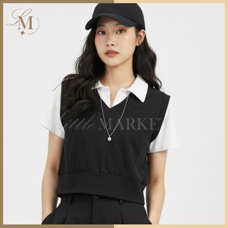 LittleMarket Boyish Cropped Sweater Vest for Women - V-Neck Elastic Hem Preppy Top (B166)