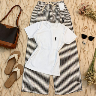 Casual Set Short Sleeves T-Shirt + Striped Trousers Coordinates Pocket Sets Women's Suit 2946