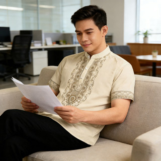 Barong Tagalog Men's Full Sublimation Short Sleeve Henley Shirt Summer Stand Collar Formal Tops S-XL