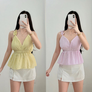 ROHAN Gingham SANDO Peplum Ribbon Top Sheer Sucker Womenswear Sleeveless