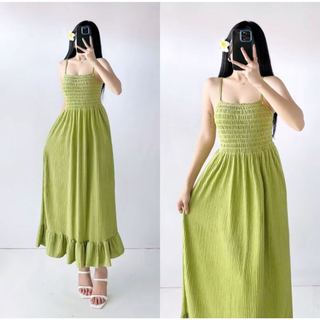 PP  Krisha Smocking Bark Crepe Maxi Casual Dress in Lime Green with Ruffled Hem & Spaghetti Straps