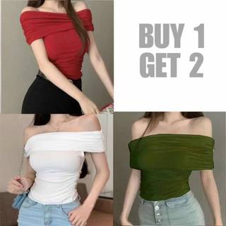 Buy 1 Take 2(3PCS)Elegant Off shoulder Top Short Sleeve Basic shirt Slim Fit Plain Casual Womenswear