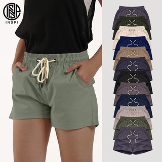 INSPI Chic Twill Shorts for Women with Side Pockets Drawstring Korean Above the Knee Plain Shorts