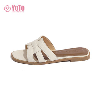 YOTO French Style Flat Sandals For Women Leather Cross Strap Outside Summer Comfy Slippers