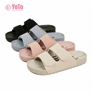 YOTO Sandals For Women Casual Leather Velcro Double Strap Simple Comfort Thick Bottom Slide