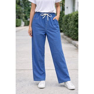 Women High Waist Straight Leg Jeans Elastic Waist Drawstring Stretch Denim Pants