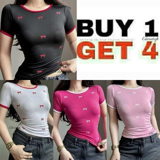 BUY 1 GET 4 (TOTAL 4) JOICE PRINTED RIBBON COQUETTE CASUAL CROPTOP BOAT-NECK COTTON WOMENSWEAR