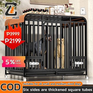 Dog Cage Thickened Large Dog Cage Square Tube Stainless Portable Mobile Pet Cage with 4 Wheels