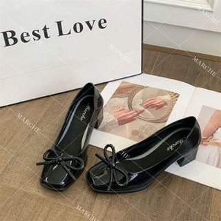 Marche Fashion Square Toe Glossy Rubber Thick Heel High-Heeled Single Shoes Women's Footwear +1 size