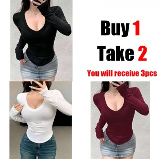 Buy 1 Take 2 V-Neck Tops With Garter Long Sleeve Blouse Crop Top Body Curves Fit Womenswear