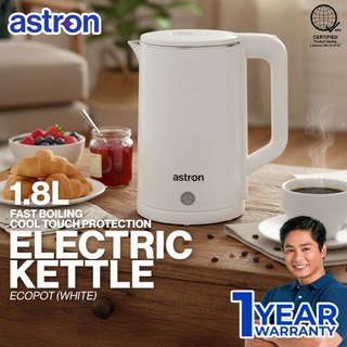 Astron ECOPOT Electric Kettle - Matte White | 1.8L | Safe-Touch Design | Aesthetic | 1500W