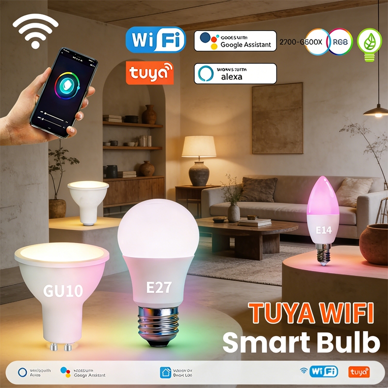 หลอดไฟ อัจฉริยะ WiFi Tuya มีขั้ว GU10 E14 E27 ระบบ RGBW ปรับความสว่างได้ ควบคุมด้วยเสียง รองรับ Alex