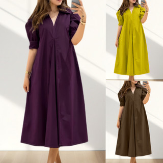 EAZ V-neck Elegance Loose Long Dress Puff Sleeves Mid-length Dress L2522