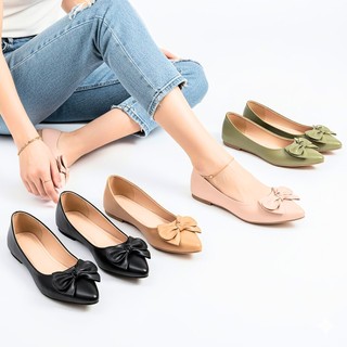 R&A089 Flat Pointed Toe  Vegan Leather Doll Shoes with Bow Knot Ribbon on Vamp (Standard Fit)