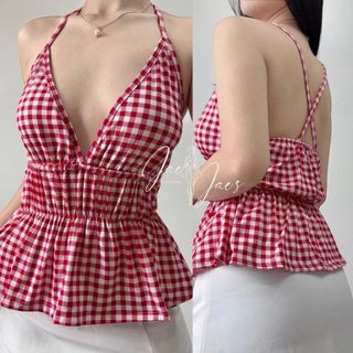 Felicia Gingham Halter Crisscross Smocking Peplum Crop Top For Women