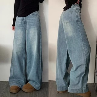 Vintage Wash Blue Wide Leg Jeans  American Streetwear Baggy Pants for a Slim & Tall Silhouette