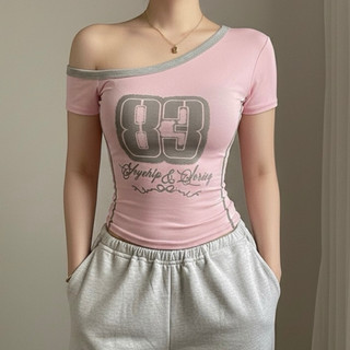 Y2K 83 Combi Raglan One Side Off Shoulder Semi Cropped Top For Women Cotton Spandex Womenswear
