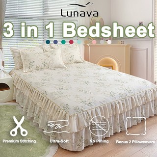 LUNAVA 3 In 1 Bedsheet With Skirt Gift Pillow Case Cotton Bedsheet Set Bedsheet No Lukot No Gusot