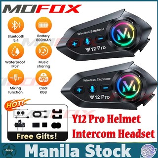 MOFOX Y12 Pro Motorcycle Helmet Intercom Headset With Music Share For 2 Rider Hands-Free Earphones