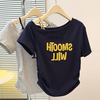 Women's Fake Two-Piece Off Shoulder Sling T-Shirt Trendy Letter Print Casual Loose Soft Fabric Top