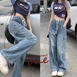 unisex multiple pockets wide leg high waist straightjeanswashed drawstring waist baggy denim fashion